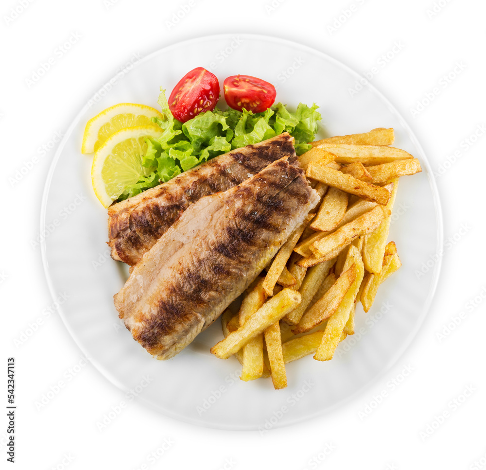 Fish and french fries on white plate Fish and french fries on white plate