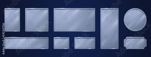 Steel game signs, name plates, empty silver plaques mockup. Metal shiny tags or badges, square round and rectangular nameplates, gamer ui menu or app graphic elements, isolated realistic 3d vector set