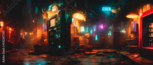 Artistic concept illustration of a dark cyberpunk street at night  background illustration.