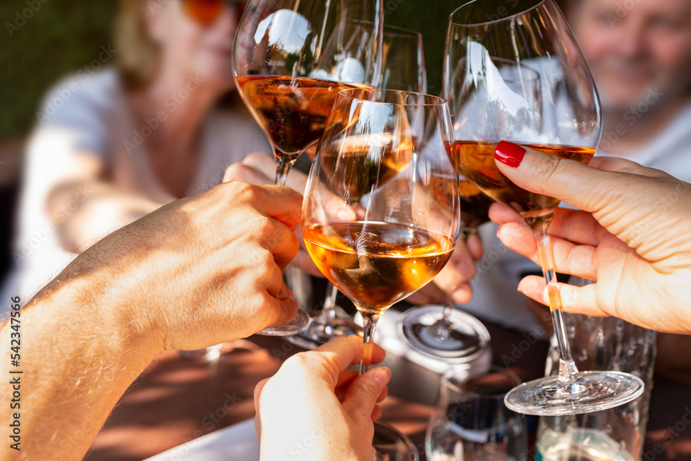 Family celebrating at dinner. Detail of hands while toasting with glasses of orange wine in a sunny day.