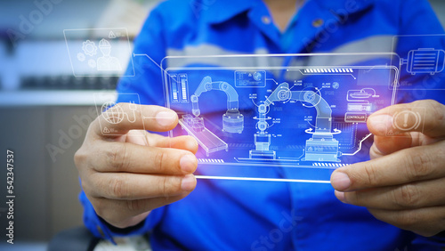 Engineer view robotic arm detail on transparency board, automation and innovation technology concept