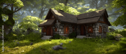 Artistic concept illustration of a beautiful house in the forest, background illustration.