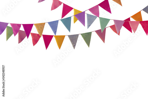 Colorful pennant chain isolated on white background. Carnival garland with flags. Festive background. photo