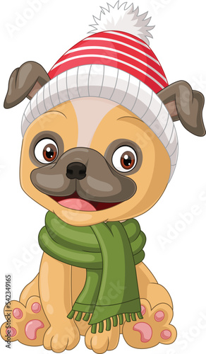 Cartoon little dog wearing hat and scarf