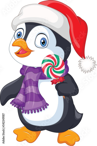 Cartoon penguin wearing hat and scarf holds a lollipops