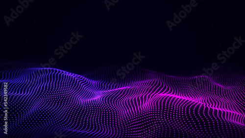 Digital gradient wave with dots and lines on the dark background. Big data visualization. 3D rendering.