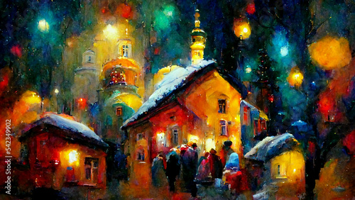 fantastic Christmas night on Blurred background, oil painting of surreal and beautiful winter landscape