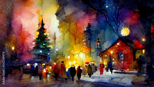 fantastic Christmas night on Blurred background, watercolor painting of surreal and beautiful winter landscape