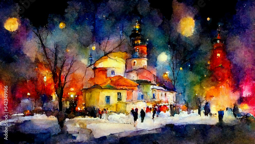 fantastic Christmas night on Blurred background, watercolor painting of surreal and beautiful winter landscape