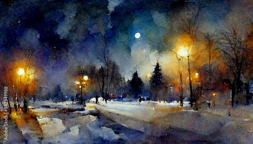 Snowy winter nights on Blurred background, watercolor painting of surreal and beautiful winter landscape © Gun1215