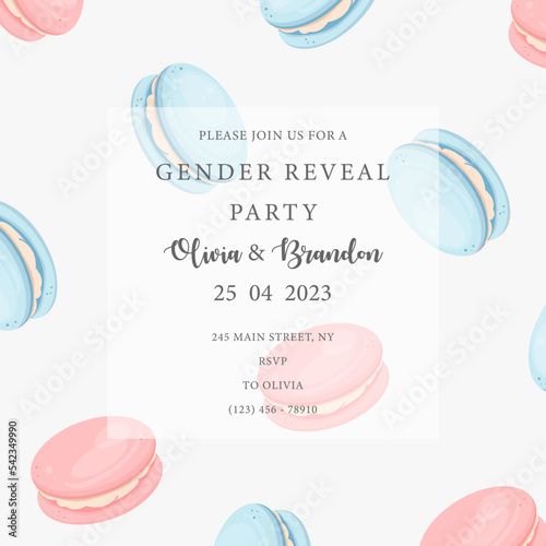 Invitation for gender reveal party with macarons blue and pink. Vector flat illustration for card, , design, flyer, poster, decor, banner, web, advertising. 