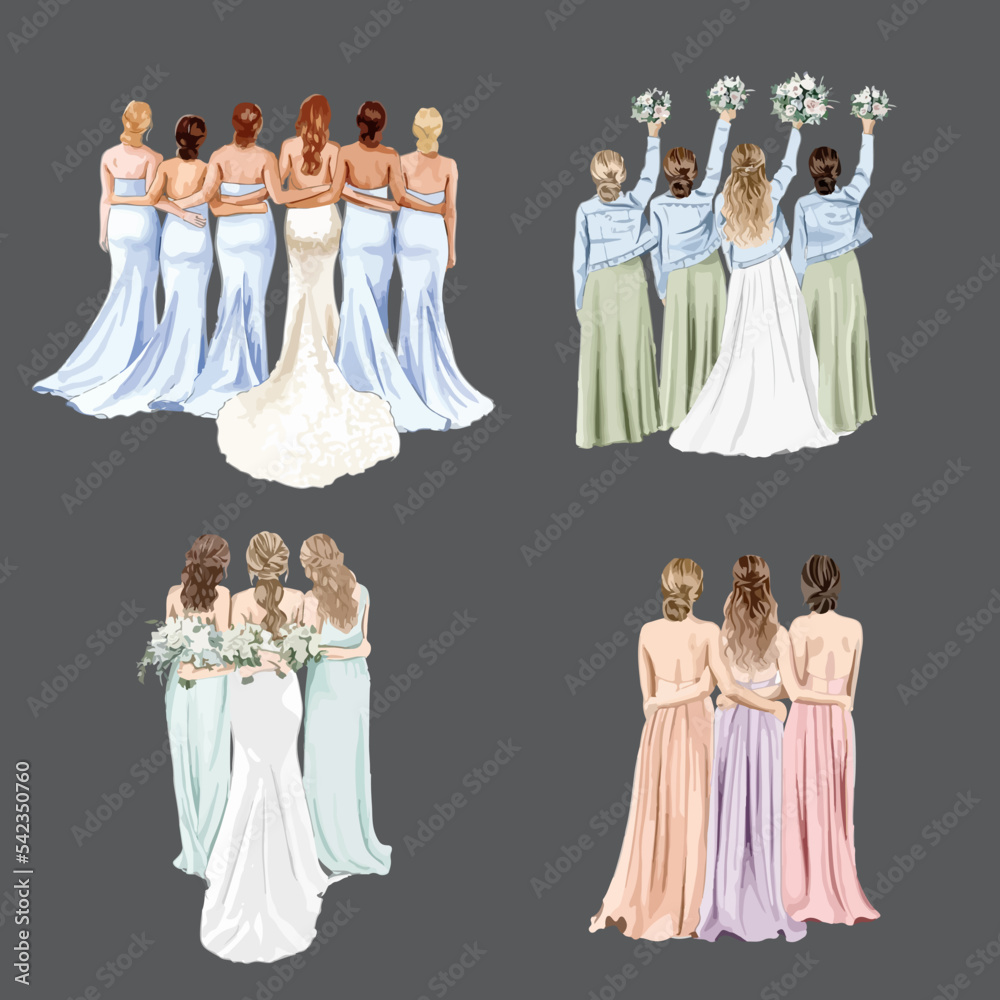 Set of hand drawn Brides and Bridesmaids with beautiful hairstyle ...