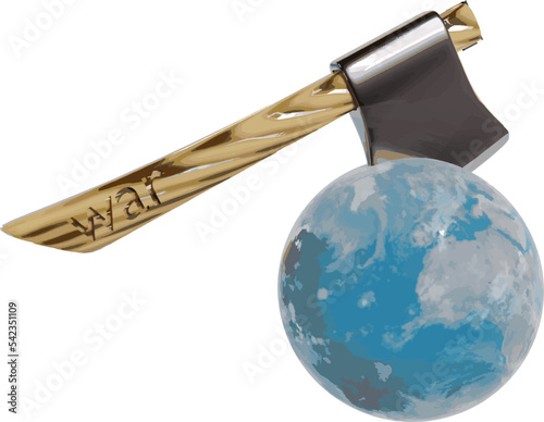 vector image of the planet earth cut into 2 parts by an ax of war. The concept of the destructive effect of war.