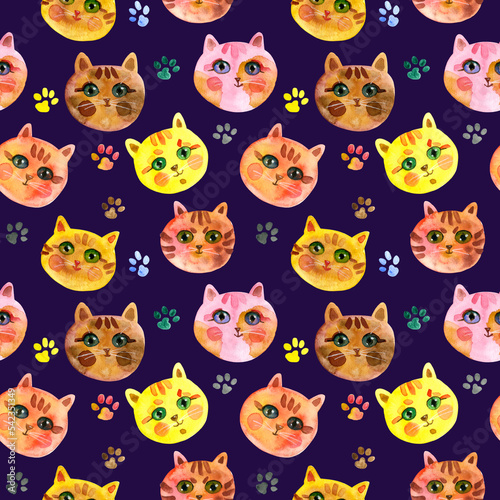 Seamless pattern of Cartoon faces of cats on a dark purple background. Cute Cat muzzle. Watercolour hand drawn illustration. For fabric, sketchbook, wallpaper, wrapping paper.