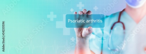 Psoriatic arthritis. Doctor holds virtual card in hand. Medicine digital