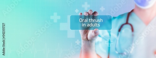 Oral thrush in adults (oral candidosis). Doctor holds virtual card in hand. Medicine digital photo