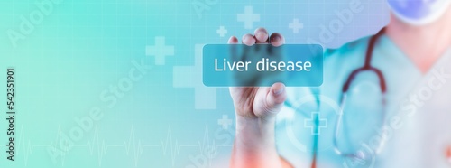 Liver disease. Doctor holds virtual card in hand. Medicine digital