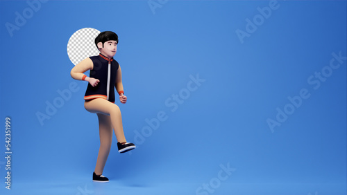 Casual man cartoon character angry kicking against , 3d render blue backdrop