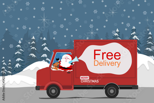 Santa Claus on red truck delivery goods, reindeer a driver on Christmas and new year holiday, with texts Free delivery on white cloud shape, forest pine trees with snow snowflakes on background