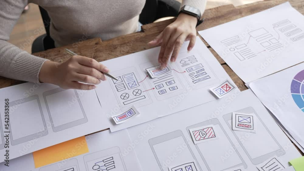 ux Graphic designer creative sketch planning application process development prototype wireframe for web mobile phone . User experience concept.