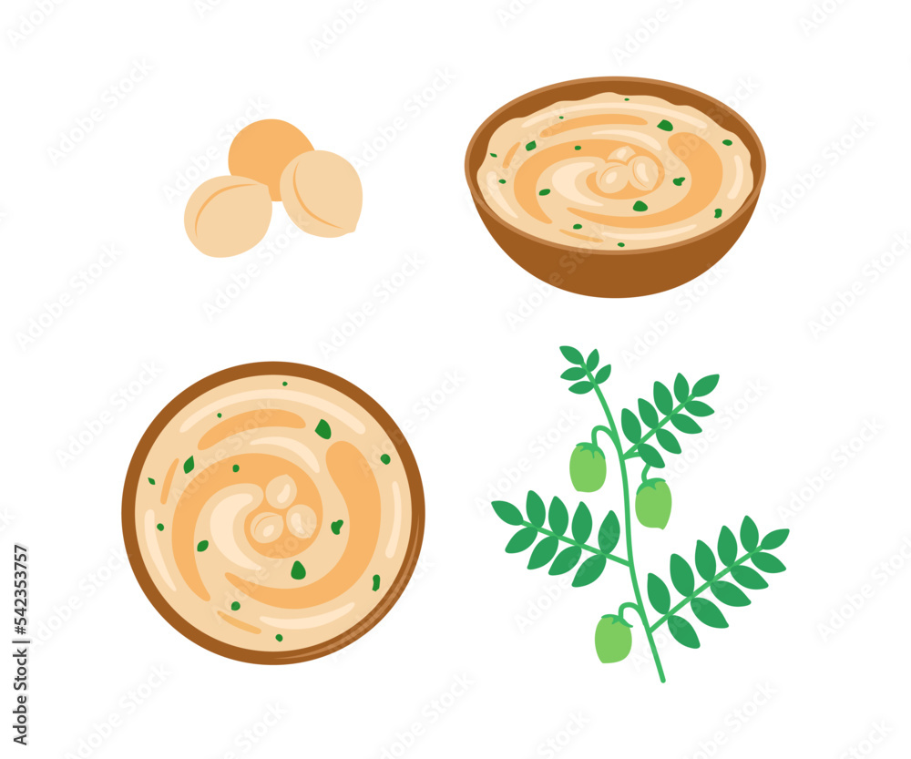 Chickpeas hummus, paste food in plate, plant with green pods chickpea
