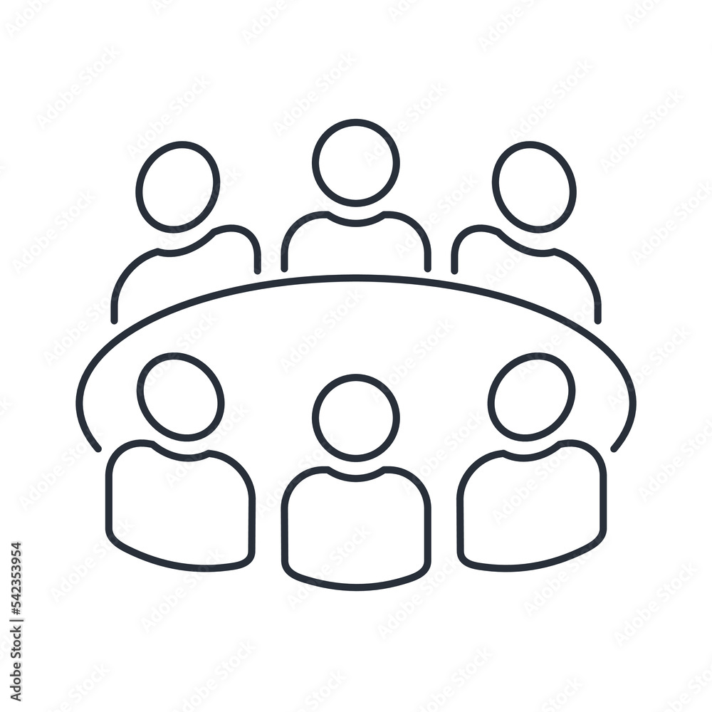 Round table meeting. Joint project. Diplomacy and crowdfunding. Vector linear icon isolated on white background. Round table meeting. Joint project. Diplomacy and crowdfunding. Vector linear icon isolated on white background.