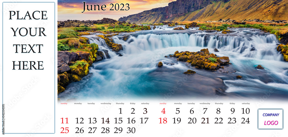 June 2023. Desktop monthly calendar template with place logo and 