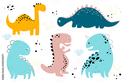 Vector hand drawn colored set of cute dinosaurs. Dino  tropical bushes and dots. On white background clipart set. 