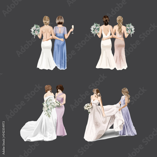 Set of hand drawn Brides and Bridesmaids with beautiful hairstyle flower watercolor vector illustration