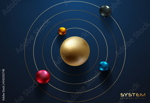 Shiny metallic spheres orbit around golden center ball on dark blue background. Science or education futuristic abstract design. Solar system circle tech style vector illustration photo