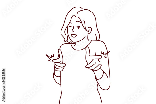 Smiling woman point at screen make choice. Happy female show with fingers at camera make I choose you gesture. Vector illustration.