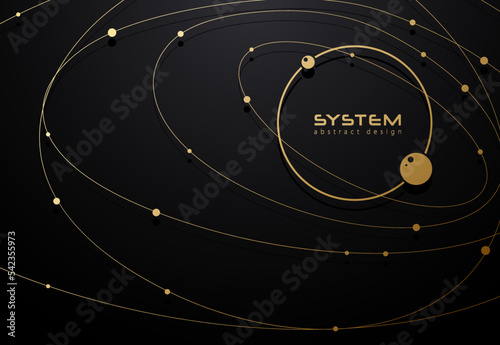 Luxury futuristic orbit golden line and dots business tech black background design. Globe data network elements abstract dark premium background. Circle vip logo frame with sphere satellite photo