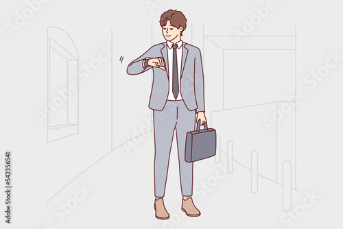 Young businessman in suit look at watch checking time. Male employee or worker think of meeting deadline or missing appointment. Time management. Vector illustration. 
