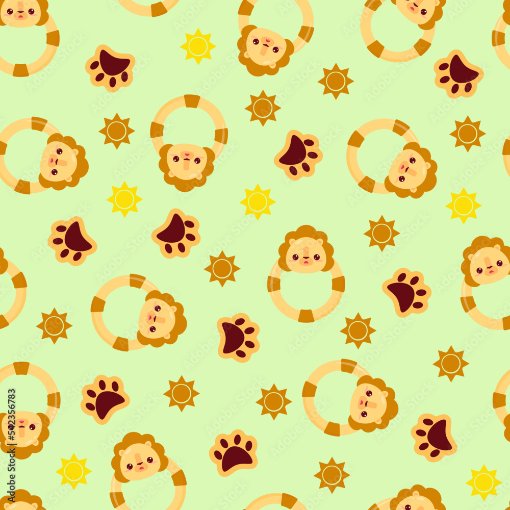 Seamless pattern with animals on a green background. A pattern with a baby rattle in the form of a lion. Kawaii animals