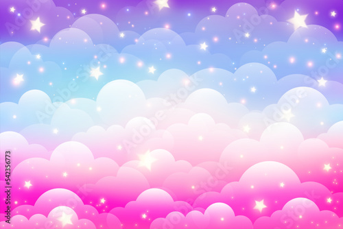 Rainbow unicorn background with clouds and stars. Pastel color sky. Magical landscape, abstract fabulous pattern. Cute candy wallpaper. Vector.