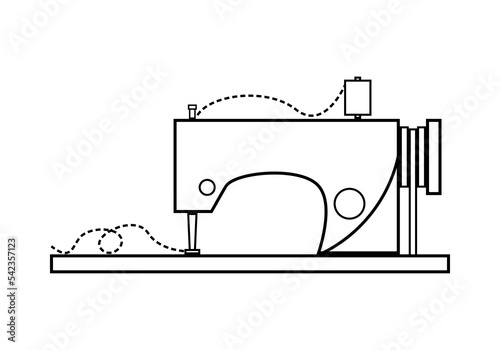 Vintage industrial sewing machine with dotted line thread for sew fabric cloth on white background outline icon flat vector design.