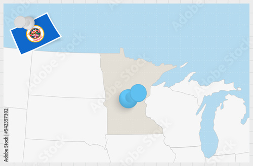 Map of Minnesota with a pinned blue pin. Pinned flag of Minnesota.