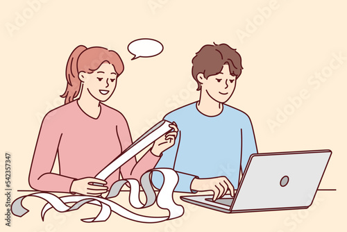 Young couple sit at table at home pay bills online. Man and woman manage expenses on internet on web banking on laptop. Vector illustration. 