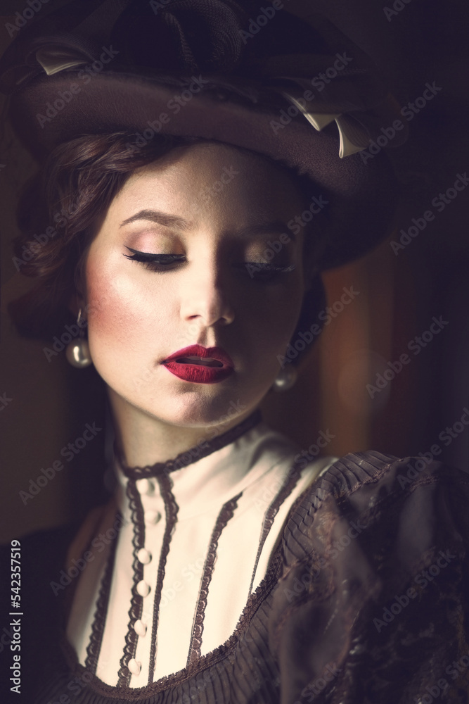Very beautiful woman, close-up portrait, vintage hat, stylized retro look, low key