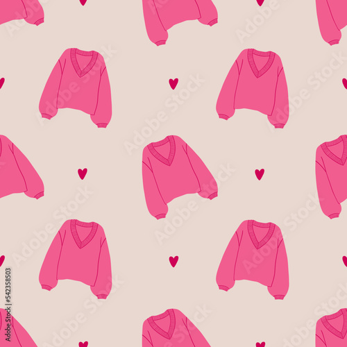 Cozy pink sweater and hearts. Seamless pattern with winter sweater. Warm knitted jumpers. Christmas holidays mood. Colorful vector illustration in flat cartoon style