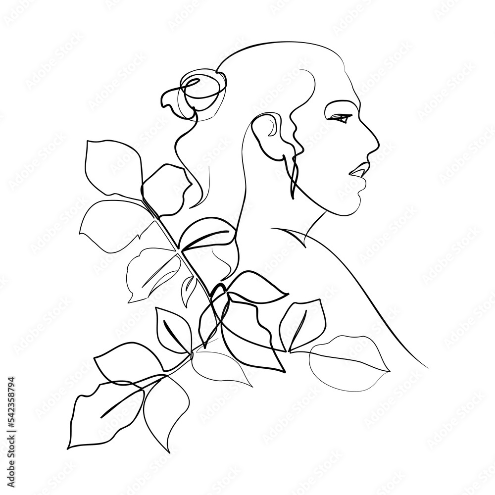 One line hand drawn vector art with beautiful woman face and flowers in elegant curve. Black isolated on white background. Modern simplistic design for fashion, wall art, print, tattoo, cover, card. One line hand drawn vector art with beautiful woman face and flowers in elegant curve. Black isolated on white background. Modern simplistic design for fashion, wall art, print, tattoo, cover, card.