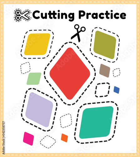 Cutting practice for kids. Education developing worksheet. Activity page with pictures. Color game for children. Isolated vector illustration. Funny character. Cartoon style. photo