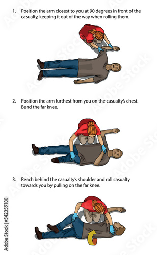Vector illustration shows Recovery position (first aid).