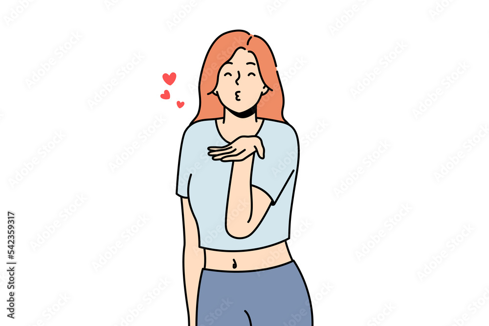Happy young woman make hand gesture send air kisses. Smiling girl share love and affection. Romance and relationship. Vector illustration. Happy young woman make hand gesture send air kisses. Smiling girl share love and affection. Romance and relationship. Vector illustration.