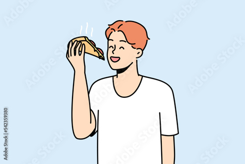 Smiling young man eating slice of pizza. Happy guy enjoy delicious Italian fast food. Cuisine concept. Vector illustration. 