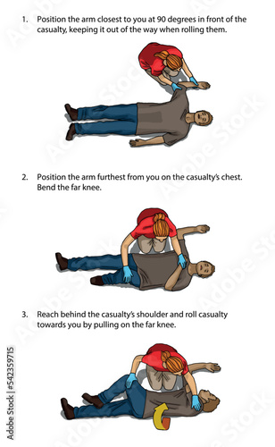 Vector illustration shows Recovery position (first aid).