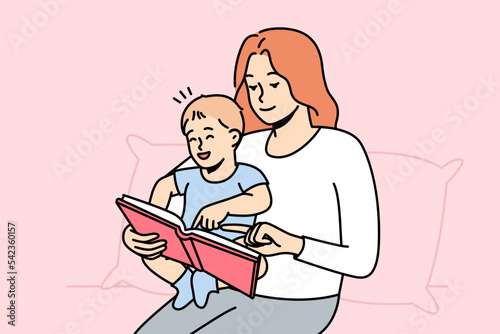 Happy caring young mother with little baby infant reading book together. Smiling loving mom play with small child at home. Motherhood concept. Vector illustration. 