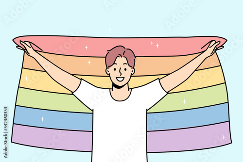 Smiling young man with LGBTq flag show support on pride parade. Happy guy express freedom of love. Homosexuality concept. Vector illustration. 