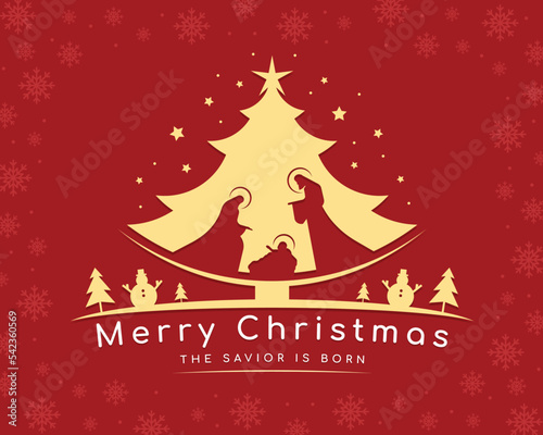 Merry Christmas, the savior is born - mary and joseph in a manger with baby Jesus in gold christmas tree sign and star around on snow texture and red background vector design