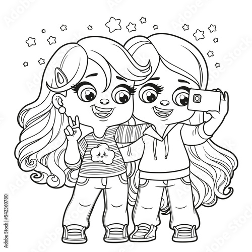 Cute cartoon two long haired girls taking a selfie with smartphone outlined for coloring page on white background